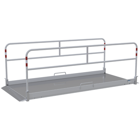 Aluminium loopbrug (B130 x L320 cm) met zijgeleiders, antislip bodem en rode markeringen.