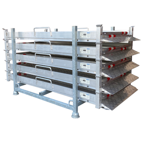 Set van 5 aluminium loopbruggen in opslagcontainer met spanband, zilverkleurig.