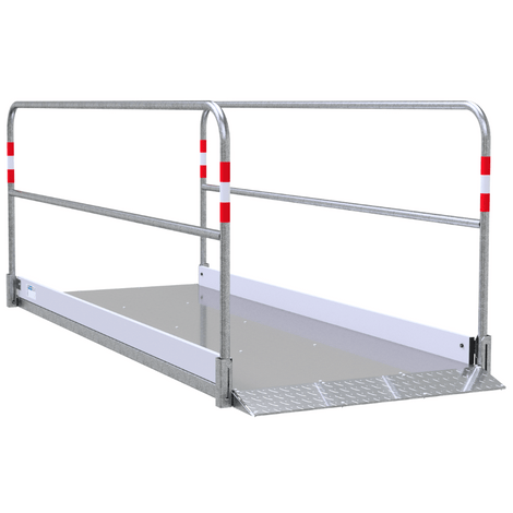 Aluminium loopbrug B100 x L270 cm met verzinkt stalen onderstel en reflecterende leuningen.