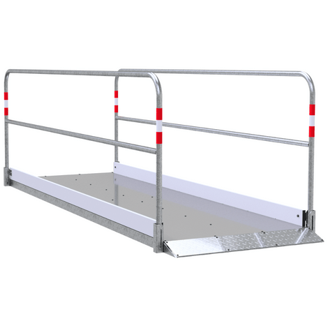 Aluminium loopbrug B100xL320 cm met verzinkt stalen onderstel en reflecterende leuningen.