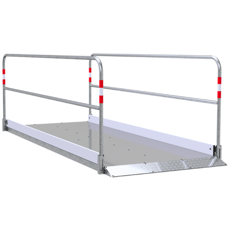 Aluminium loopbrug B120 x L320 cm met verzinkt stalen onderstel en reflecterende leuningen.