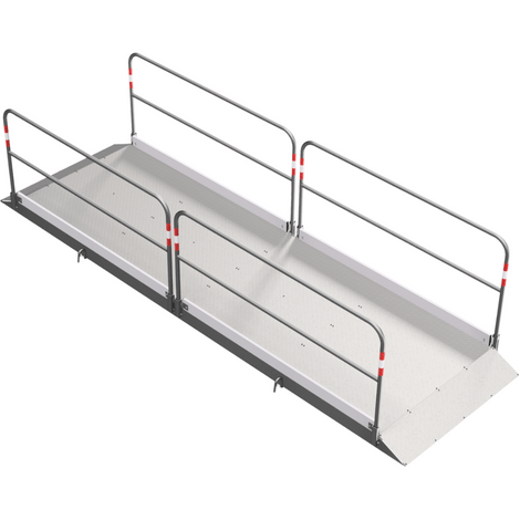 Aluminium loopbrug B130 x L450 cm met verzinkt stalen onderstel en leuningen.