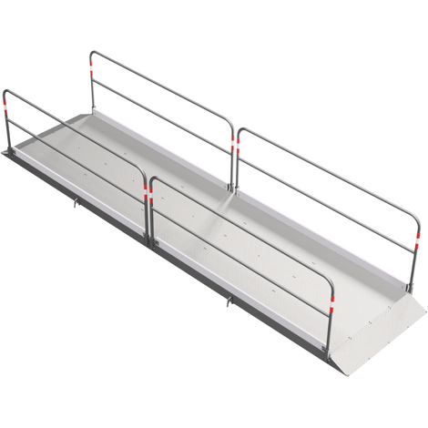 Aluminium loopbrug (B130 x L550 cm) met zijgeleiders en antislip bodem, ideaal voor veilige toegang.
