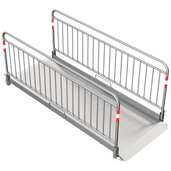 Aluminium loopbrug (B100 x L280 cm) met grijze antislip dek en veiligheidsrailing.
