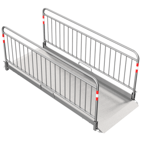 Aluminium loopbrug (B100 x L280 cm) met grijze antislip dek en veiligheidsrailing.