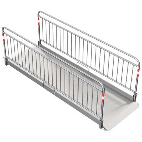 Aluminium loopbrug, 330 cm, met zilveren veiligheidsrailing en rode markeringen.