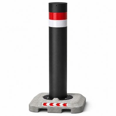 Zwarte mobiele rampaal Ø273 mm met rode en witte reflecterende banden op een grijze betonvoet.