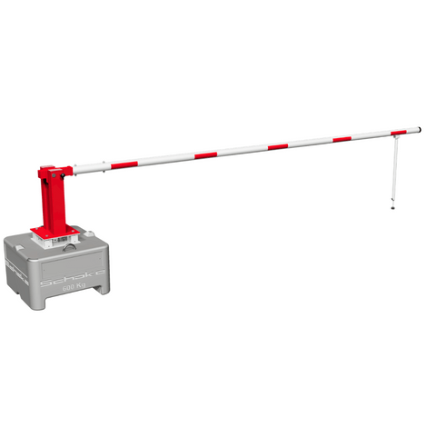 Mobiele slagboom, 5000 mm, wit met rode strepen, op grijze betonnen voet.