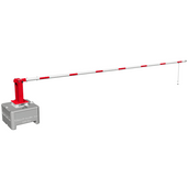 Witte slagboom met rode strepen, 7000 mm, op grijze basis met rode zuil, gasveer en pendelsteun.