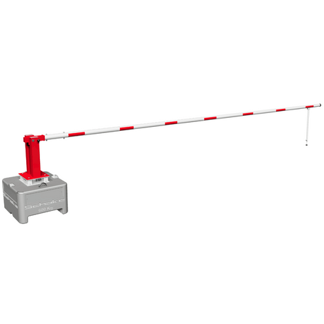 Witte slagboom met rode strepen, 7000 mm, op grijze basis met rode zuil, gasveer en pendelsteun.