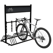 Mobiel fietsenrek van verzinkt staal, zwart RAL 9005, met reclamevak en fietsicoon, inclusief een witte racefiets.