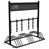 Mobiel fietsenrek van verzinkt staal, zwart RAL 9005, met reclamevak en fietsicoon, op wielen.