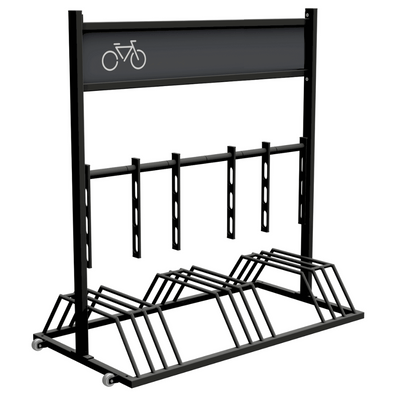 Mobiel fietsenrek van verzinkt staal, zwart RAL 9005, met reclamevak en fietsicoon, op wielen.