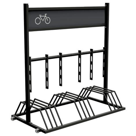 Mobiel fietsenrek van verzinkt staal, zwart RAL 9005, met reclamevak en fietsicoon, op wielen.