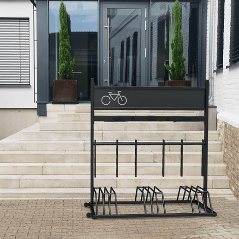 Zwart mobiel fietsenrek van verzinkt staal met reclamevak en fietsicoon, voor 8 fietsen.
