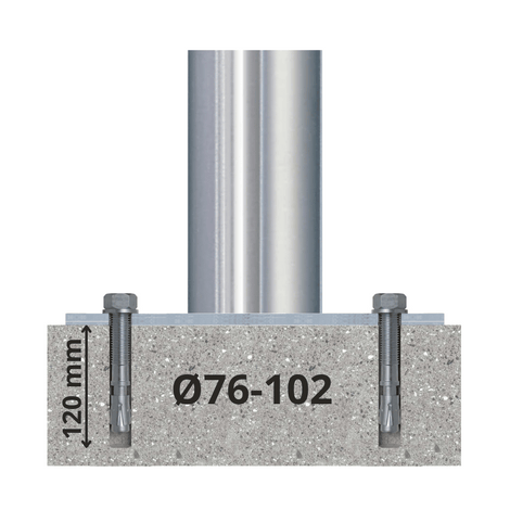 RVS aanrijdbeveiliging paal, Ø76-102 mm, met grondbevestiging en ankers, 120 mm diep.