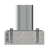 RVS afzetpaal Ø76 mm verankerd in beton met twee bouten, 120 mm diep.