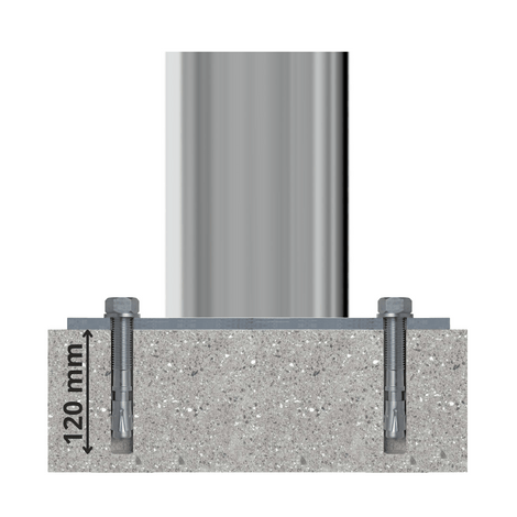 RVS afzetpaal Ø76 mm verankerd in beton met twee bouten, 120 mm diep.