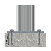 RVS beschermpaal Ø89 mm, verankerd in beton met twee bouten, 120 mm diep.