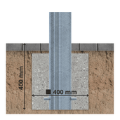 Verzinkte stalen beschermpaal Ø102 mm, verankerd in een 400x400 mm betonnen fundering onder bestrating.