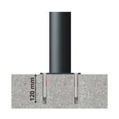 Zwarte afzetpaal Ø82 mm met bolkop, stevig gemonteerd in beton met 120 mm ankers.