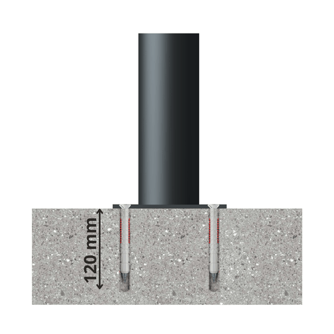 Zwarte afzetpaal Ø82 mm met bolkop, stevig gemonteerd in beton met 120 mm ankers.