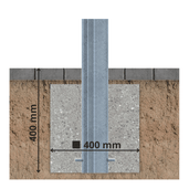 Verzinkte aanrijdbeveiliging beugel Ø76 mm, 400x400 mm ingegraven in de grond.