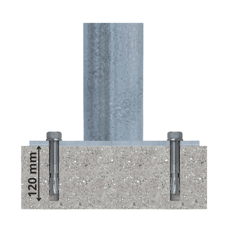 Verzinkte aanrijdbeveiliging beugel Ø76 mm, rood, met ankerbevestiging in beton, 120 mm diepte.