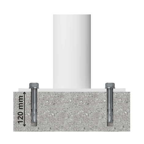 Montage van aanrijdbeveiliging beugel met Ø76 mm ankers, 120 mm diep in beton.