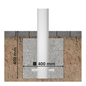 Fundering voor laadpaal bescherming, 400x400 mm, met witte paal en betonnen basis.