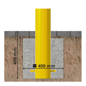 Gele afzetpaal Ø102 mm met verankering in beton, 400x400 mm fundering.