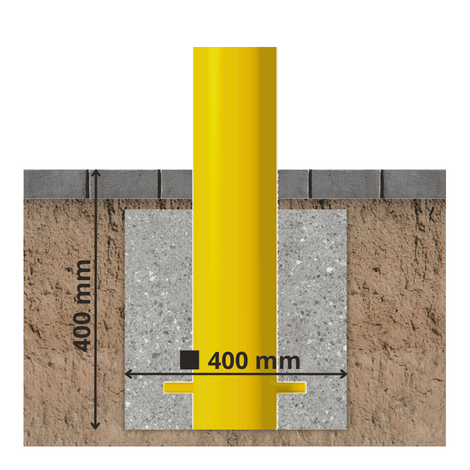 Gele afzetpaal Ø102 mm met verankering in beton, 400x400 mm fundering.