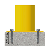 Gele afzetpaal Ø102 mm met ankerbouten voor betonverankering, 120 mm diep.
