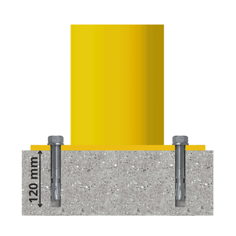 Gele afzetpaal Ø102 mm met ankerbouten voor betonverankering, 120 mm diep.
