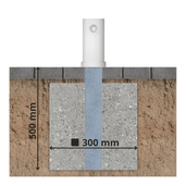 Uitneembare afzetpaal Ø102 mm, wit, met slotoptie, ingebed in 500x300 mm betonfundering.