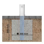 Uitneembare parkeerpaal Ø102 mm, wit, met slotoptie, ingebed in betonfundering van 500x300 mm.