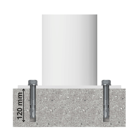 Afzetpaal Ø102 mm wit-rood, verankerd in beton met twee bouten, met 120 mm diepte-indicatie.