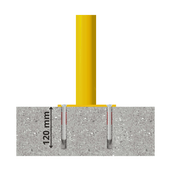 Gele afzetpaal Ø60 mm, verankerd in beton met twee bouten, 120 mm diep.