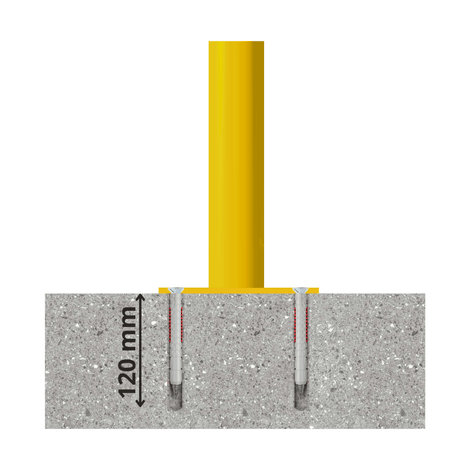 Gele afzetpaal Ø60 mm, verankerd in beton met twee bouten, 120 mm diep.