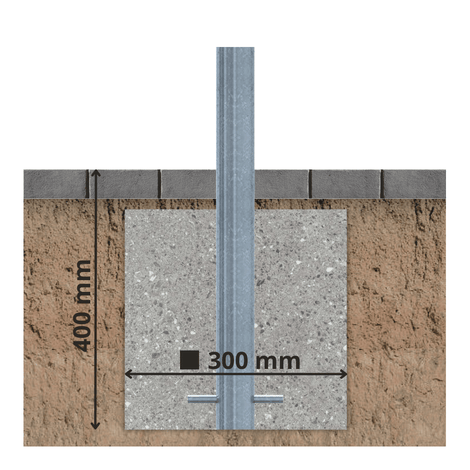 Verzinkt stalen afzetpaal (Ø60 mm) met ankerstaven, ingebed in een 300x400 mm betonfundering.