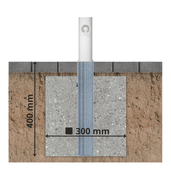 Verzinkte, uitneembare parkeerpaal Ø60 mm, ingebed in beton, met afmetingen 400x300 mm.