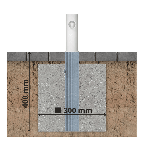 Verzinkte, uitneembare parkeerpaal Ø60 mm, ingebed in beton, met afmetingen 400x300 mm.
