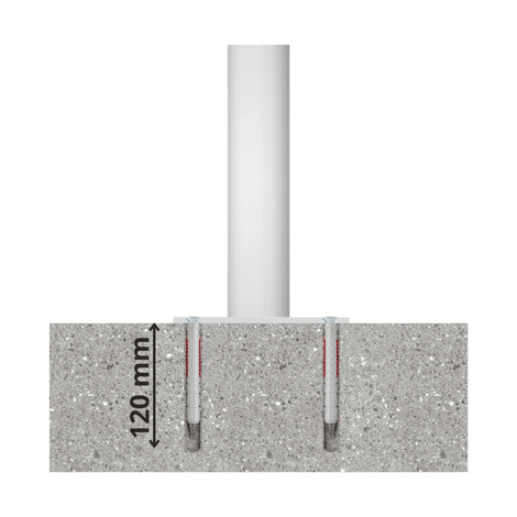 Witte afzetpaal Ø60 mm met betonverankering, 120 mm diep, voor stabiele installatie.