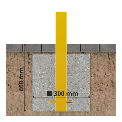 Gele en zwarte afzetpaal (70x70 mm) verankerd in beton (300x400 mm) voor duurzame plaatsing.