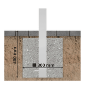 Afzetpaal 70x70 mm, wit-rood, verankerd in beton (400x300 mm) onder bestrating.