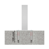 Witte afzetpaal 70x70 mm met rode markering, verankerd in beton, 120 mm diep.
