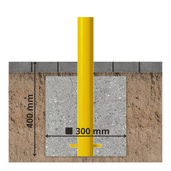 Gele afzetpaal Ø76 mm, verankerd in beton van 300x400 mm, met zwarte bestrating.