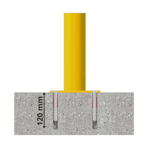 Gele afzetpaal Ø76 mm, verankerd in beton met 120 mm diepe bevestigingen.