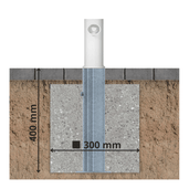 Uitneembare parkeerpaal Ø76 mm, verzinkt, ingebetonneerd met 400 mm diepte en 300 mm breedte.