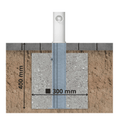 Uitneembare afzetpaal Ø76 mm, wit-rood, met slot, geïnstalleerd in 400x300 mm betonfundering.